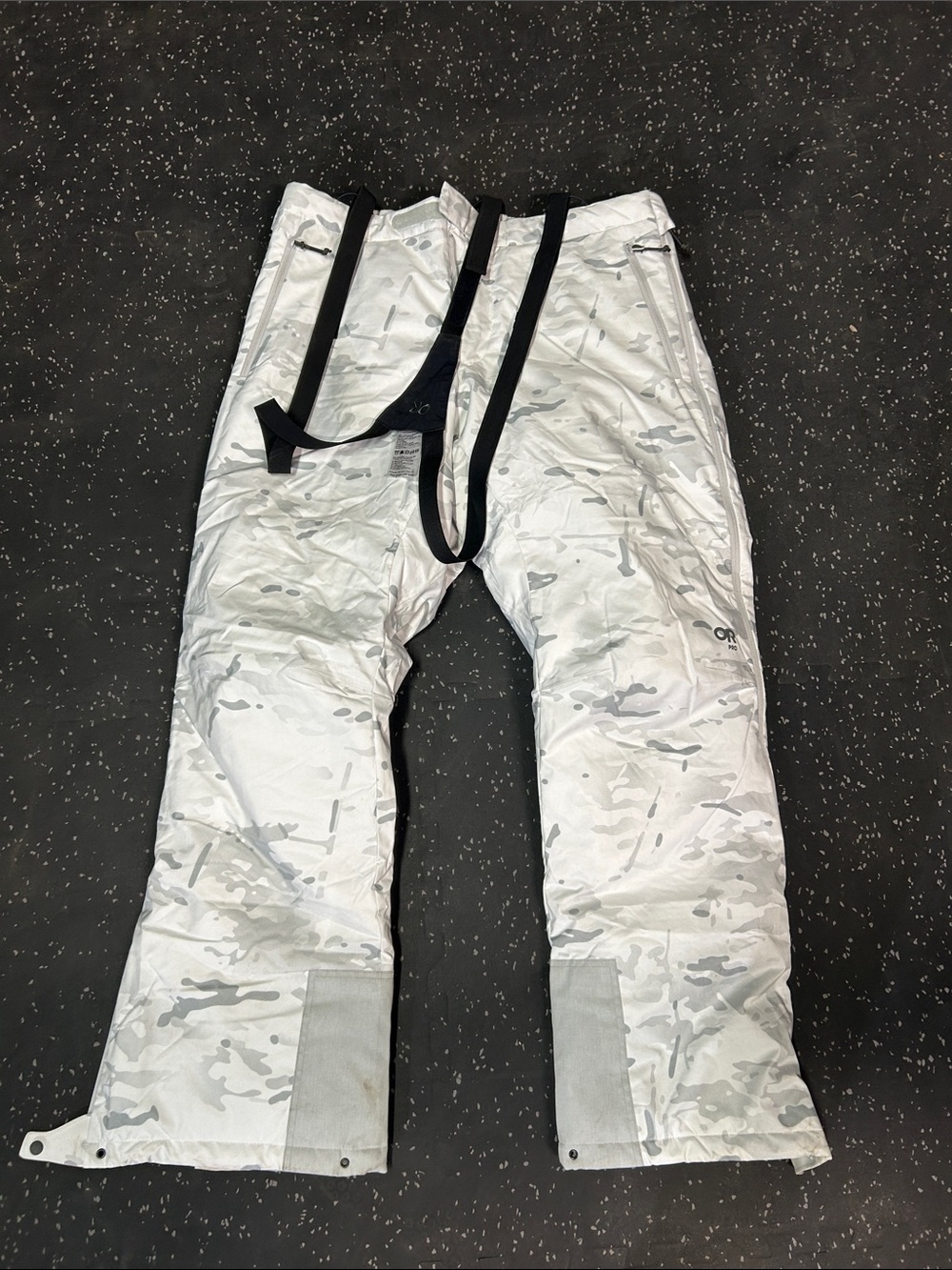 Outdoor Research White Camo Ski Pants with Black Suspenders
